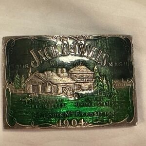 Jack Daniels Sour Whiskey‎ Mash 1904 Belt Buckle Green Enameled Country Scene